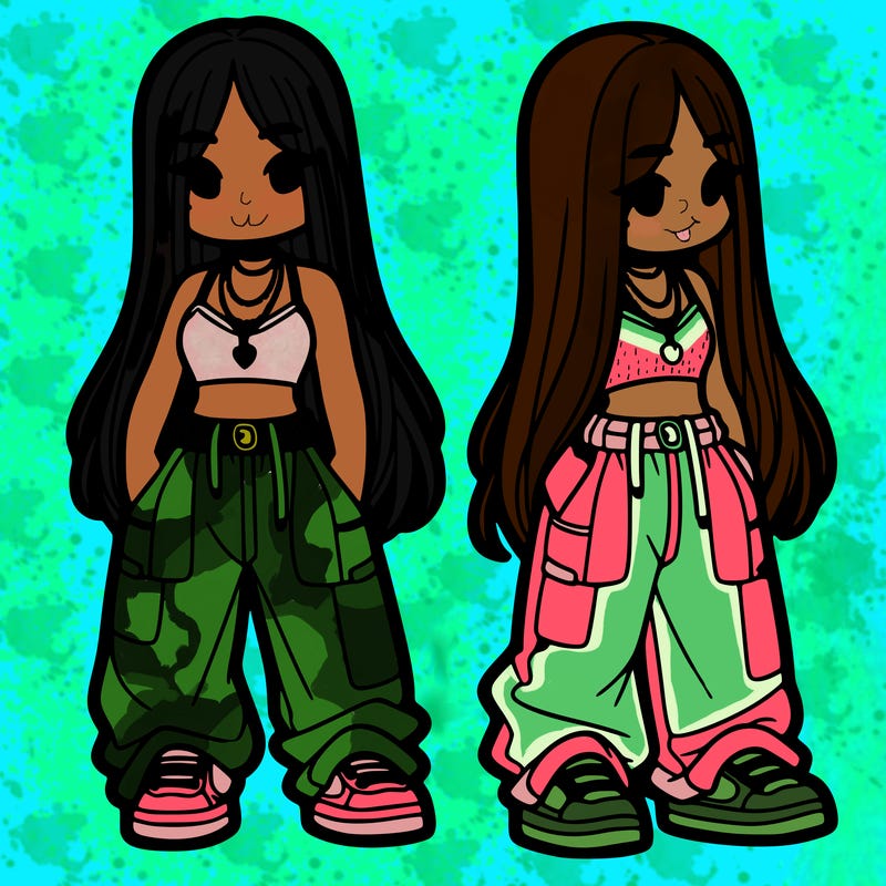 girl in baggy pants crop top and long hair