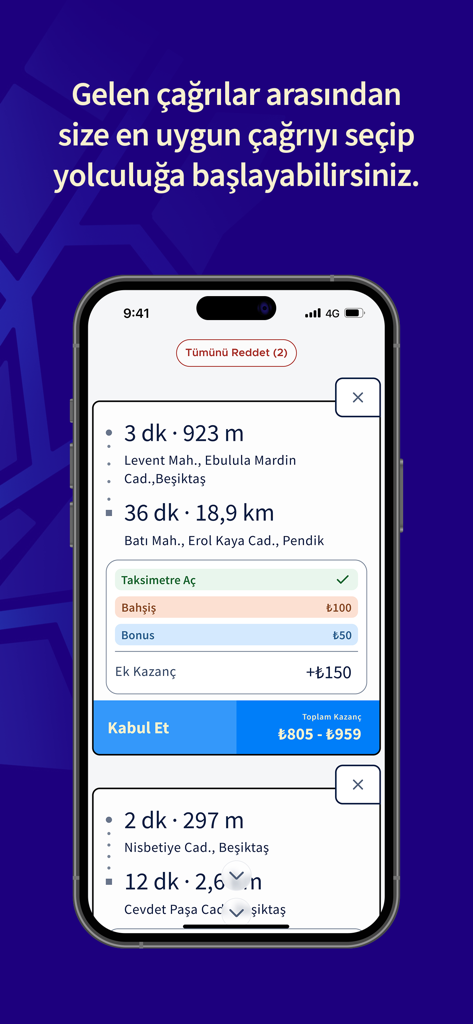 Bitaksi Sürücü Uygulaması - Pantalla de la aplicación BiTaksi Driver que muestra las solicitudes de viaje entrantes con la distancia de recogida y las ganancias del viaje
