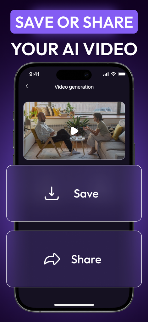 AI Video Dubbing: DubX - DubXアプリでAIダビングされた動画の保存および共有オプションを示すスマートフォンの画面
