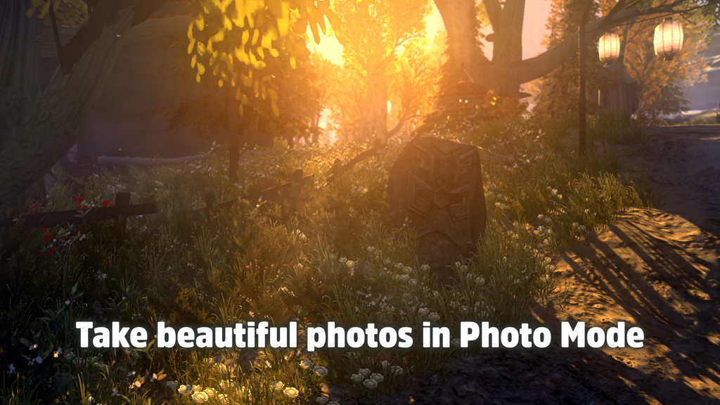 A golden sunset over a meadow with a carved stone and lanterns in Nimian Legends BrightRidge HD