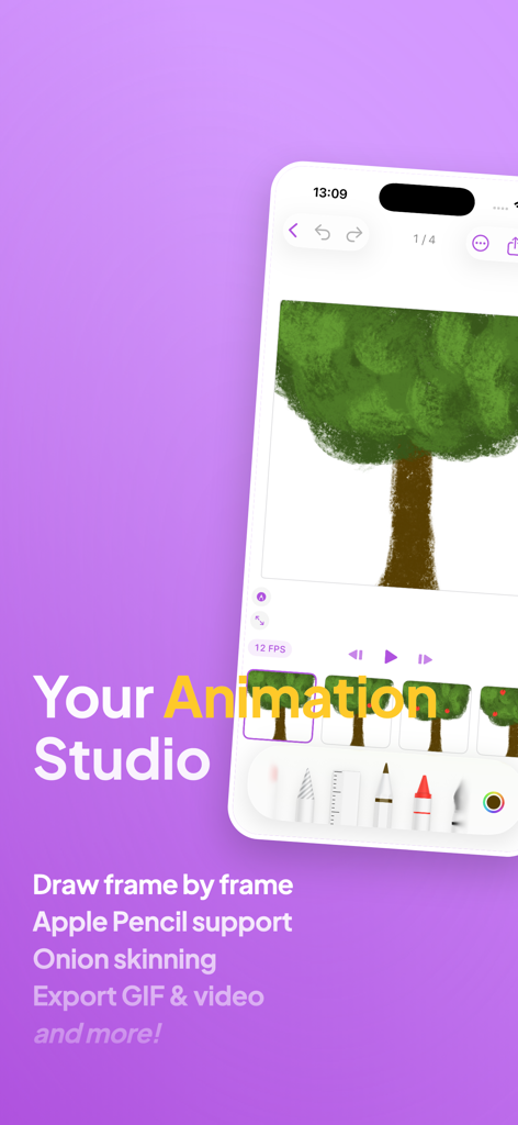 Flipbook - Animation Studio - Flipbook Animation Studioアプリのインターフェース。木のフレーム・バイ・フレーム描画を表示