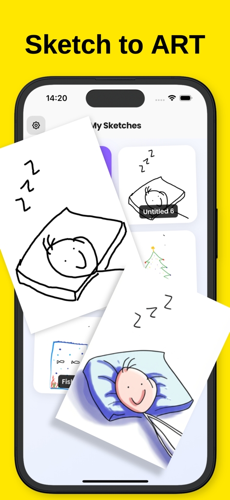 Drawing to Image - Sketch AI - Sketch AIアプリのインターフェースが、眠っている人のシンプルな落書きをデジタルアートに変換している様子