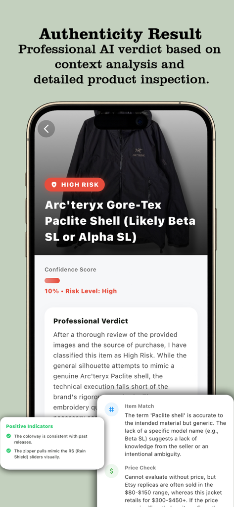 Legit Check AI - Oberfläche der Legit Check AI App, die ein hohes Risiko für die Echtheit einer Arc'teryx-Jacke mit detaillierter KI-Analyse und Vertrauensbewertung anzeigt