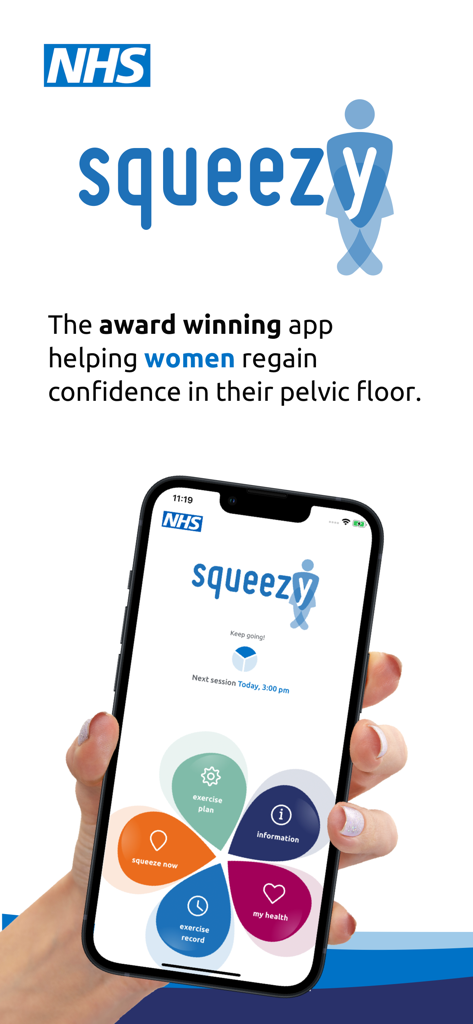 Ein iPhone, das die Squeezy-App-Oberfläche mit Kategorien für Beckenbodenübungen und NHS-Branding anzeigt.