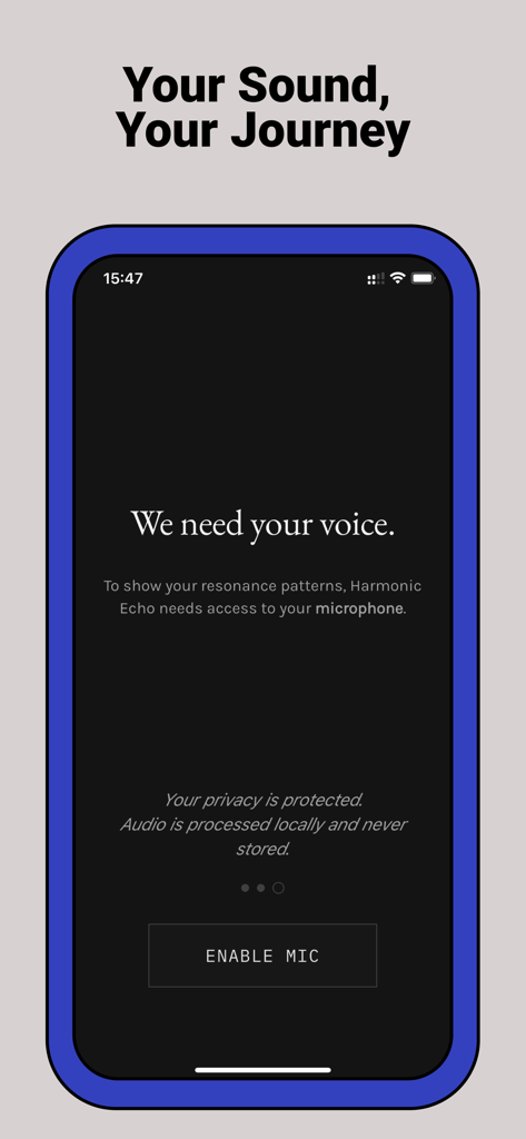 Harmonic Echo app screen requesting microphone access with a clear privacy statement about local audio processing.