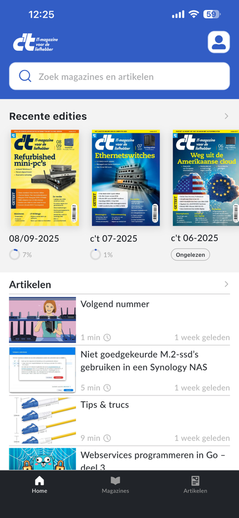 c't NL - Home screen of the ct NL app displaying recent IT magazine issues and technical articles