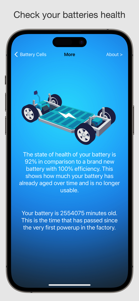 My Zoe Battery info App - Screen showing battery state of health and age in the My Zoe Battery info App