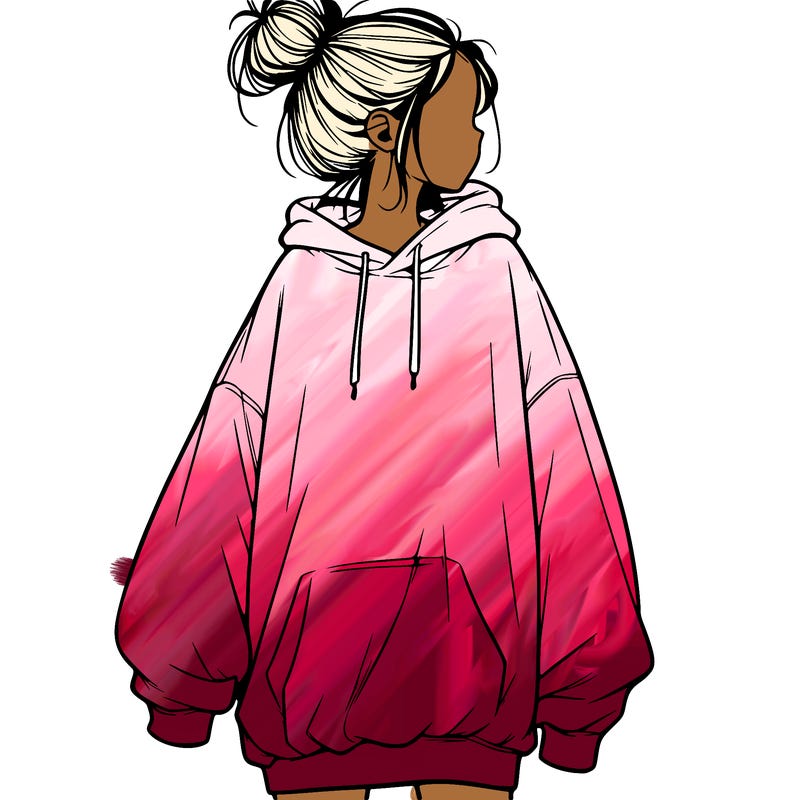 realistic girl with a oversized sweatshirt on and a bun