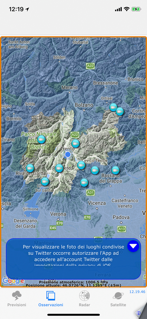 Map view of the Meteo Trentino app showing live webcam locations across the mountain region