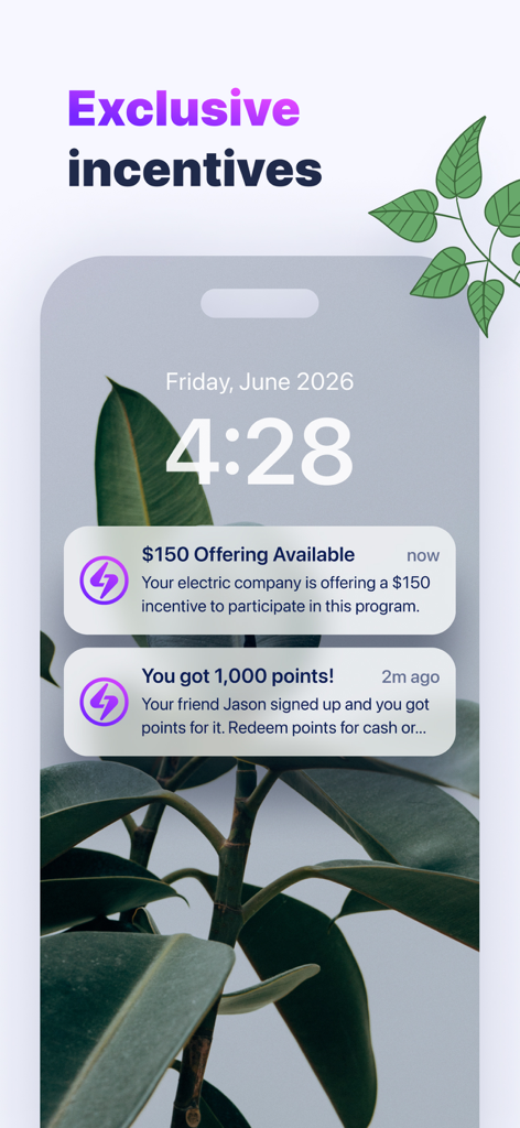 A smartphone screen showing Optiwatt app notifications for a 150 dollar energy incentive and earned reward points.