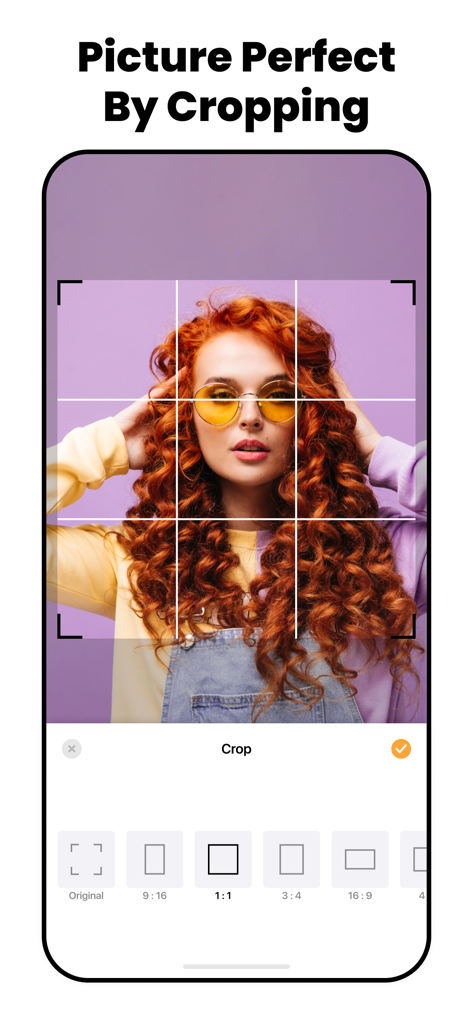A smartphone interface showing an image cropping tool with various aspect ratio options like 1 by 1 and 16 by 9.