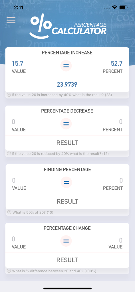 Percentage Calculator Plus - The Percentage Calculator Plus app showing multiple percentage calculation types on a single screen