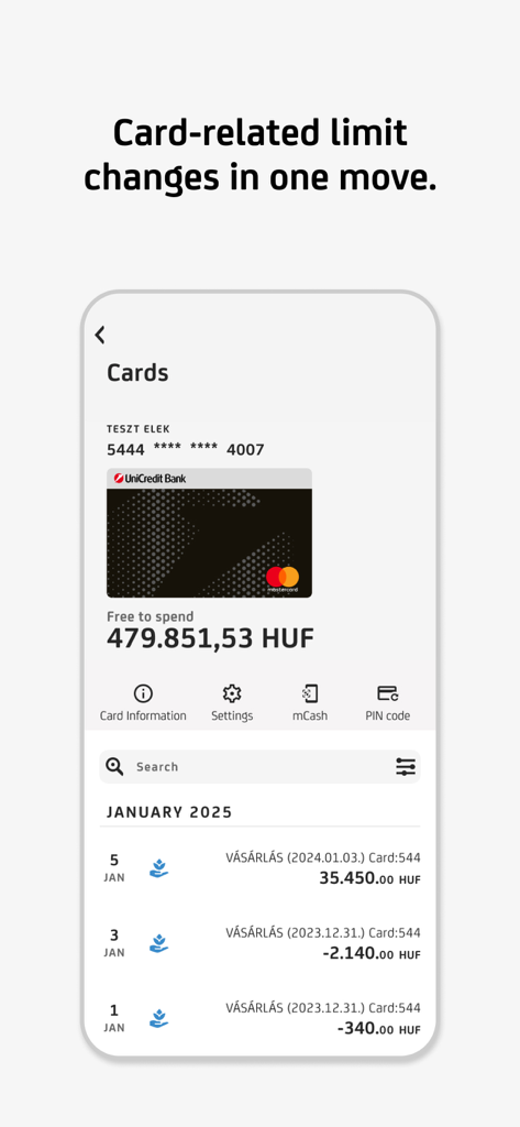 UniCredit mBanking - UniCredit mBanking interface showing bank card balance and recent transaction history