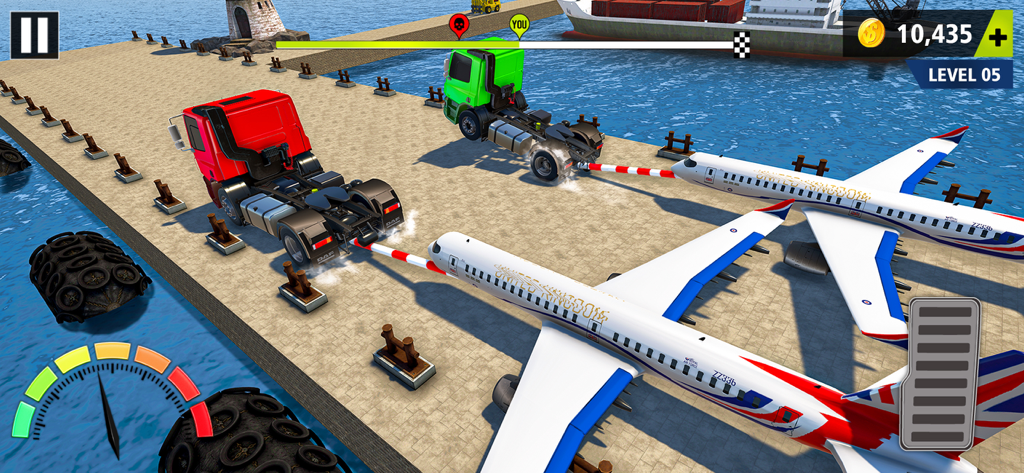 Drag Racing - Tow Truck Games - Two heavy duty trucks competing to pull passenger airplanes on a pier
