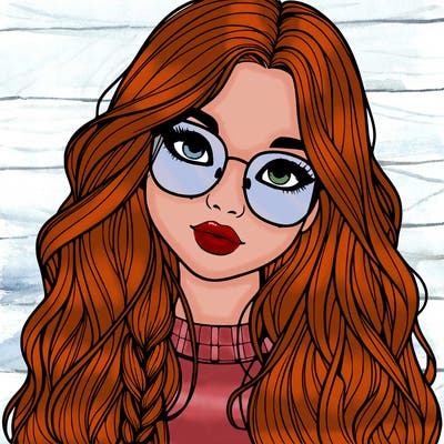 girl with long hair and freckles and glasses realistic