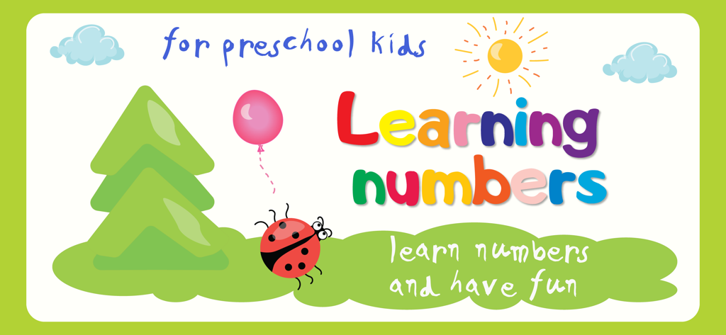Learning numbers - Kids games - Pantalla de título de la aplicación para aprender los números para niños de preescolar con una mariquita y un globo