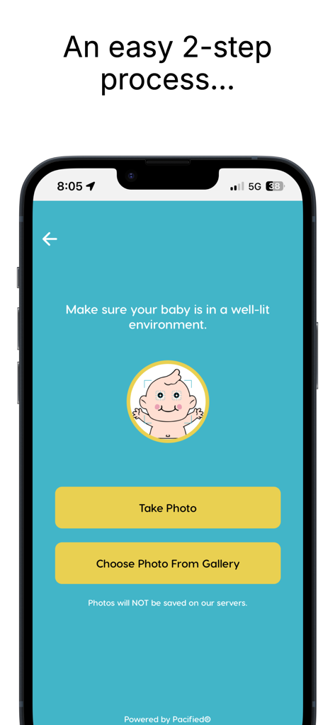 Pacified app interface showing options to take a photo or choose from gallery for baby biometric analysis