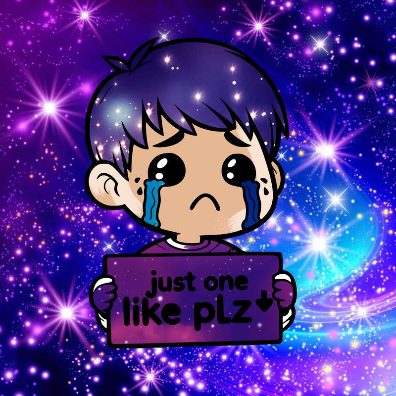 realistic crying boy with a sign saying just one like plz