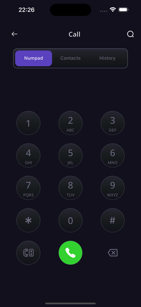 U-COM - Numeric keypad screen of the U-COM social networking app for dialing and making calls