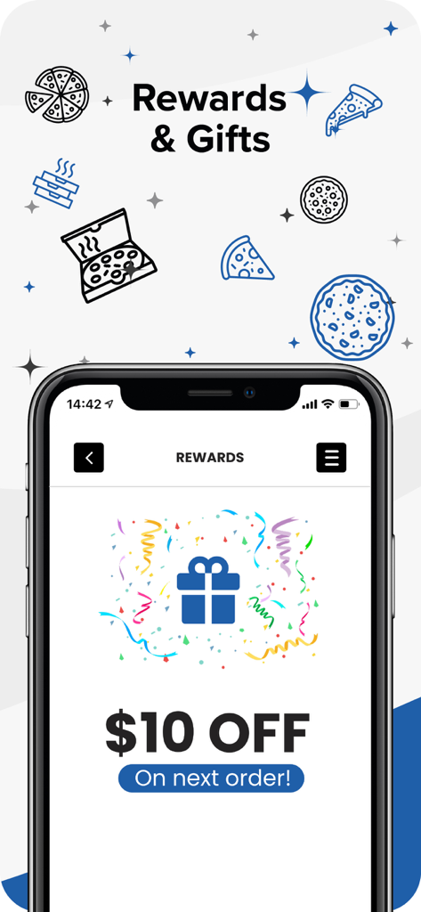 Schermata dello smartphone che mostra un buono sconto di 10 dollari sulla pagina premi dell'app delivery.com