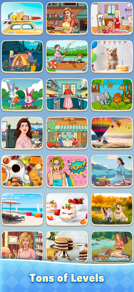Affichage en grille de divers niveaux de puzzle dans le jeu Fun Differences Find and Spot