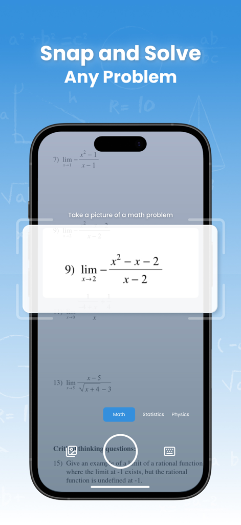 MathGPT app camera interface scanning a calculus problem for an instant solution.