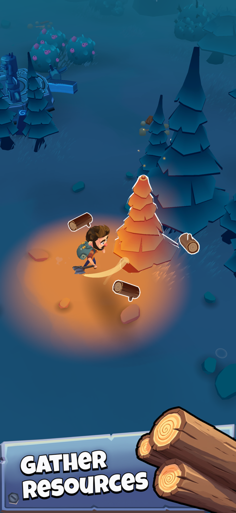 A character chopping wood in a pool of light within a dark forest
