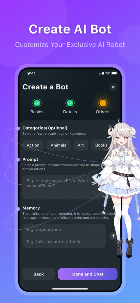 HiWaifu: AI Friend & Waifu Hub - Una interfaz móvil para crear y personalizar un bot IA personal en la app HiWaifu