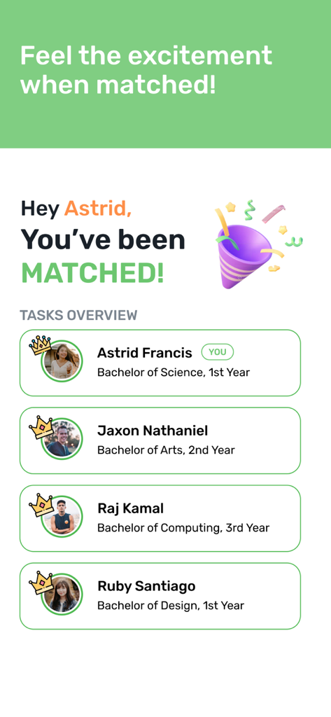 Deckle: Event games - A mobile screen showing a matched group of four students in the Deckle app for a social event.