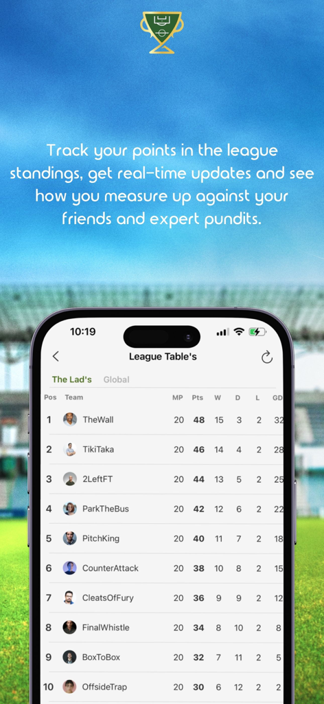 League Of Pundits - Pantalla de la aplicación móvil que muestra una tabla de clasificación de fútbol con la posición y los puntos de los equipos