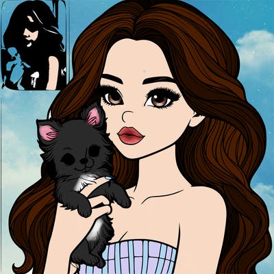 realistic girl with medium length wavy hair realistic holding a baby chihuahua realistic