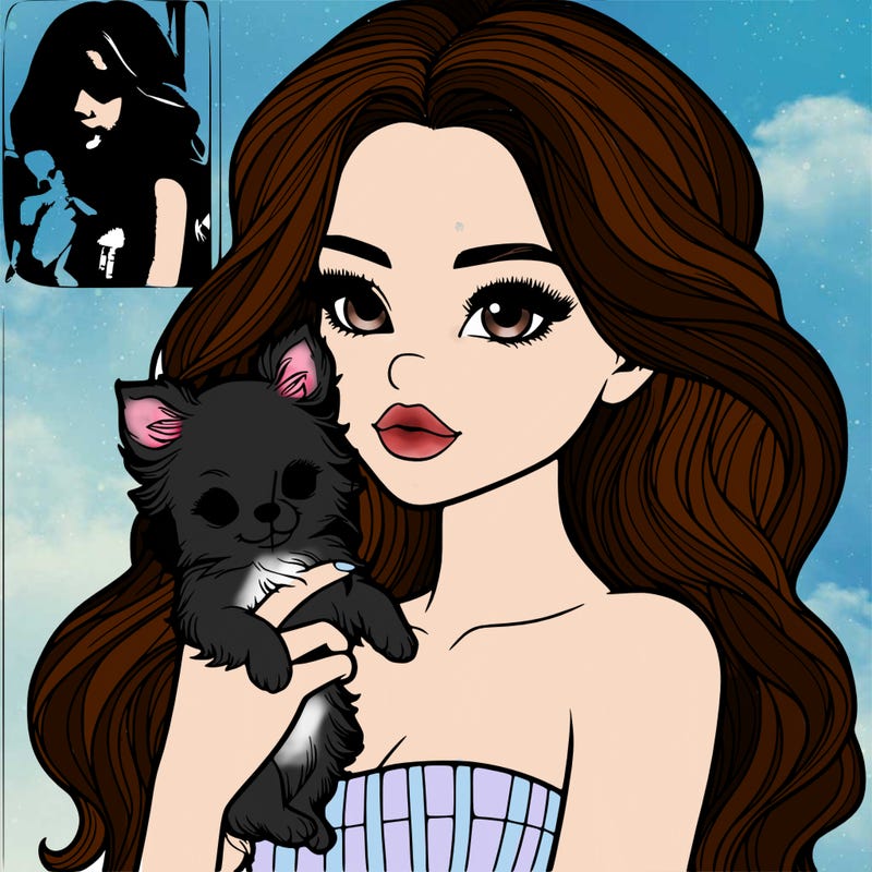 realistic girl with medium length wavy hair realistic holding a baby chihuahua realistic