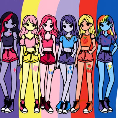 a group of girls wearing crop tops and shorts