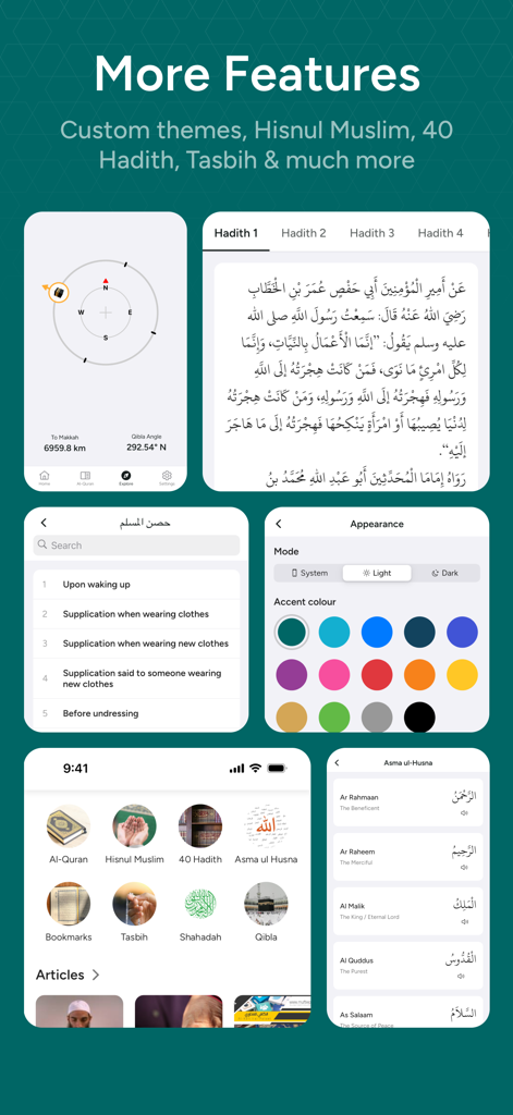 Huda: Prayer Times & Al-Quran - Huda app interface displaying Islamic features like Qibla Hadith and theme customization
