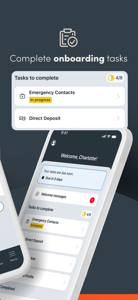 Interfaccia dell'app Paylocity che mostra una checklist di attività di onboarding come Contatti di emergenza e Addebito diretto per un nuovo dipendente.