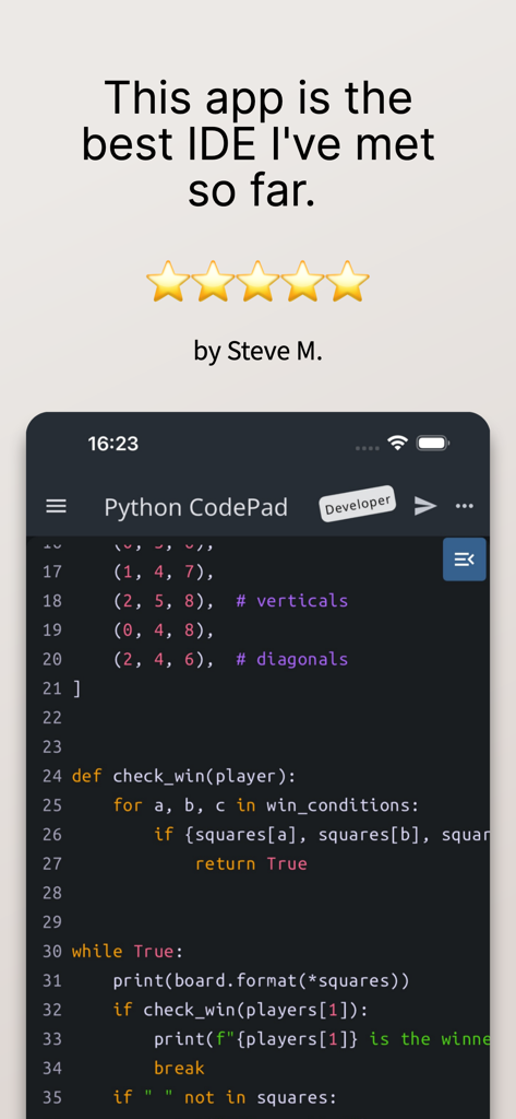 Five star user review and mobile Python code editor interface with syntax highlighting