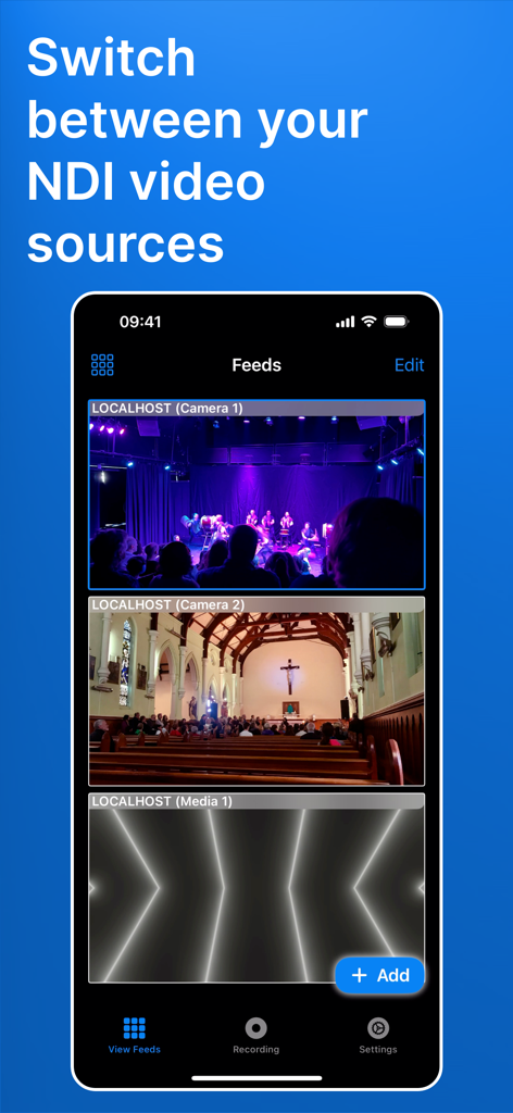 NDI Switcher - Focus - NDI Switcher Focus App-Oberfläche mit mehreren Live-Video-Feeds von lokalen Netzwerkquellen