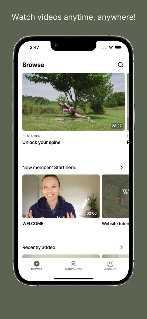 Equi Yoga - Equi Yoga app browse screen with yoga videos for horse riders