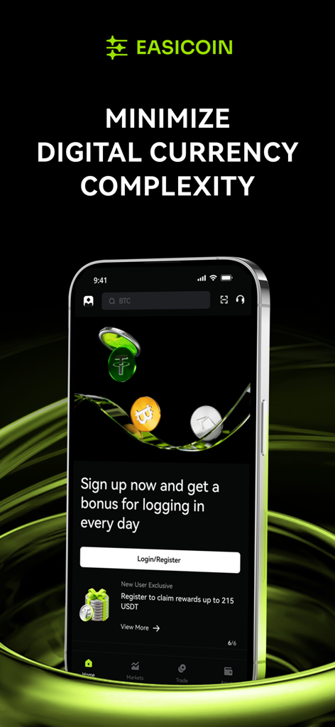 EasiCoin: Buy BTC & Crypto - Pantalla de inicio de la aplicación de trading de criptomonedas EasiCoin que muestra recompensas de registro y opciones de trading de divisas digitales.