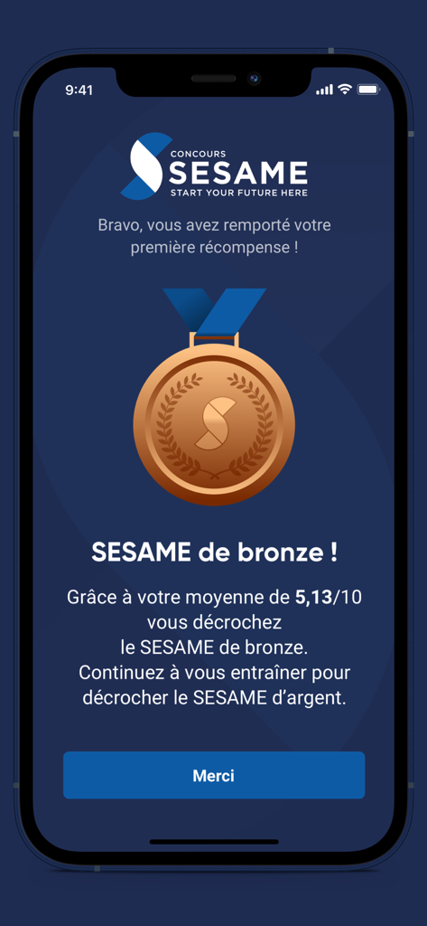 Concours SESAME 2026 - Écran de récompense de médaille SESAME de Bronze dans l'application Concours SESAME