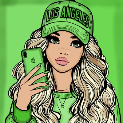 realistic beautiful girl wearing los ángeles cap holding an iphone