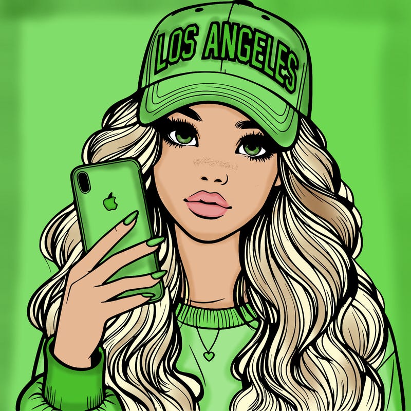 realistic beautiful girl wearing los ángeles cap holding an iphone