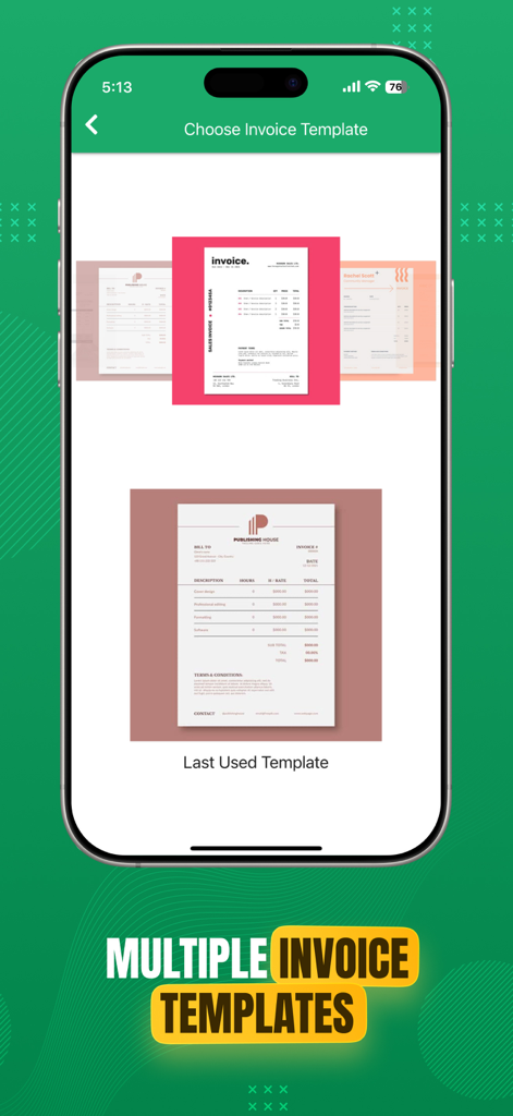 Interface de aplicativo móvel mostrando vários modelos de faturas profissionais para pequenas empresas