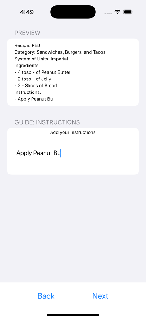A screenshot of The Recipe Notebook app showing a PBJ recipe preview and an instruction input field for adding cooking steps.