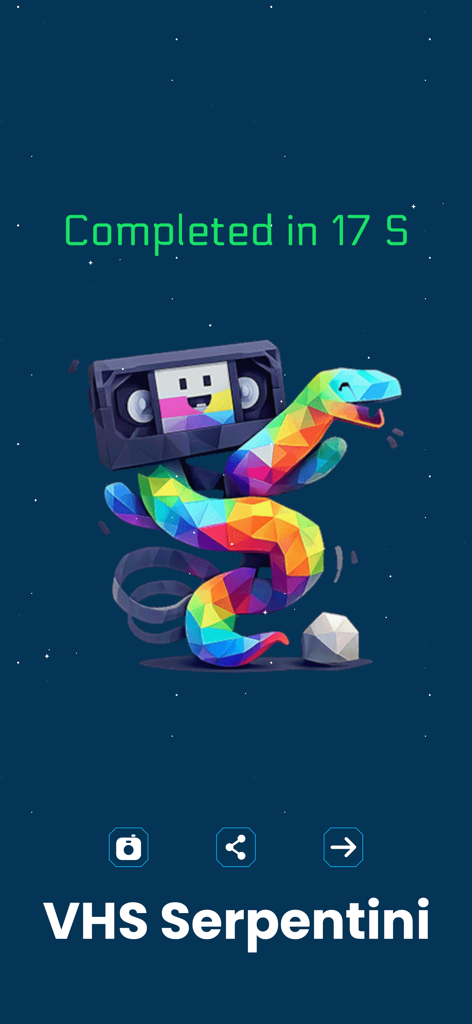 Brainrot Poly333: Retro Puzzle - Completed 3D poly puzzle of a colorful rainbow snake with a VHS tape head