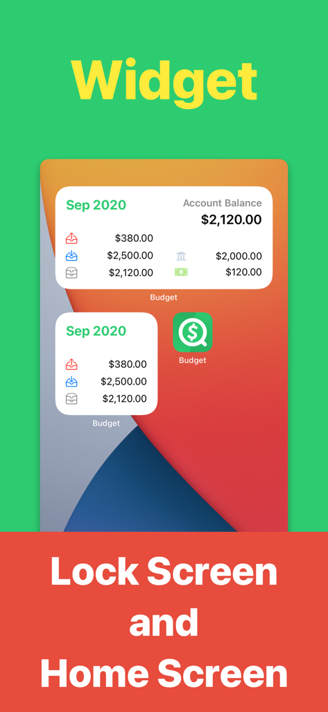 Monelyze app widgets for home and lock screen showing financial balance and monthly budget summaries