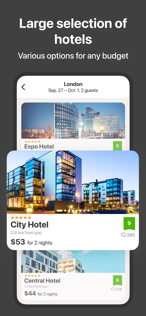 Ostrovok Komandirovki - Mobile App-Bildschirm, der eine Vielzahl von Hoteloptionen in London mit Preisen und Bewertungen anzeigt.