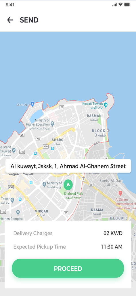 Quick Delivery App-Oberfläche, die eine Karte mit Standortmarkierung, Liefergebühren und voraussichtlicher Abholzeit für den Versand eines Artikels anzeigt.
