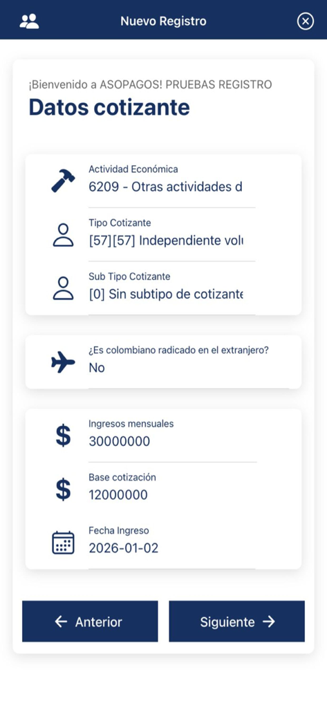 Pantalla de registro de aportante en la app Asopagos mostrando campos para ingresos de actividad económica y detalles de aportación a la seguridad social
