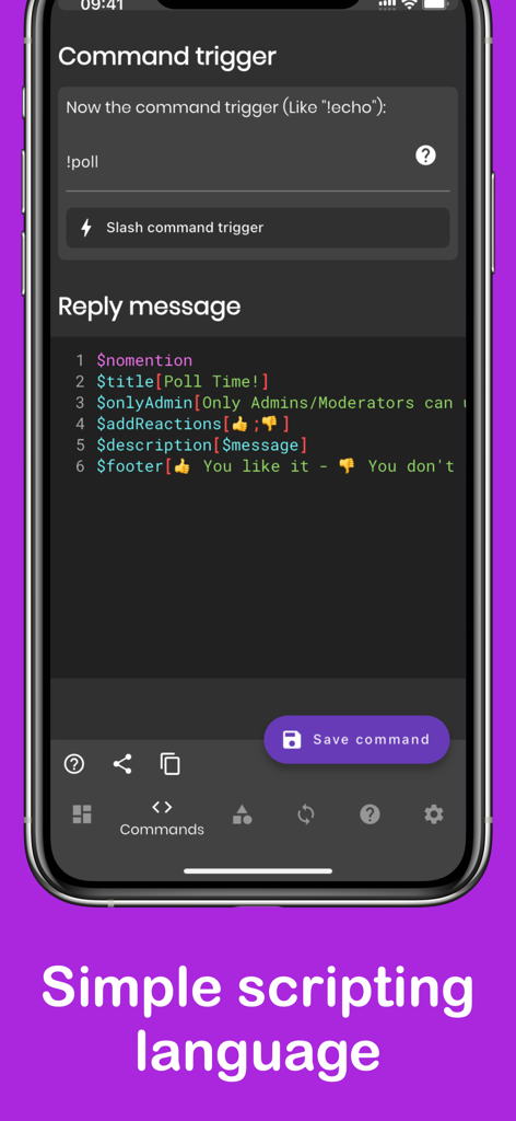 Interface of Bot Designer for Discord showing the simple scripting language used to create a poll command.